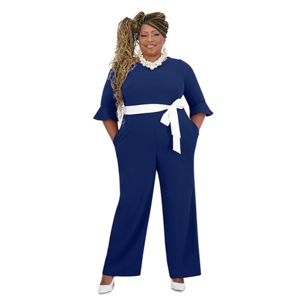 Kasper Women's Boat-Neck 3/4-Ruffle-Sleeve Jumpsuit Blue Size S MSRP $129